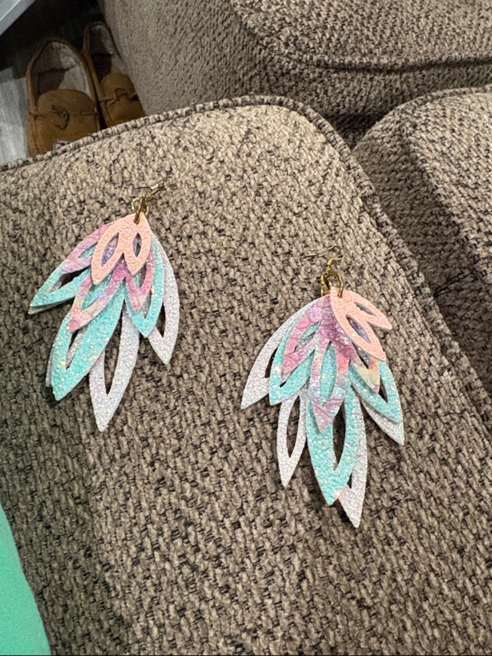 Handcrafted Pastel Glitter Layered Leaf Earrings - Pink & Aqua